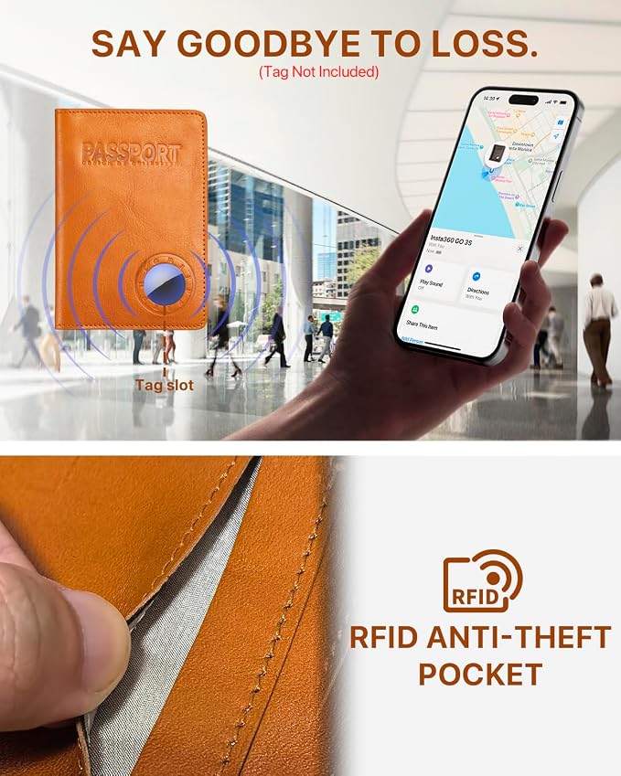 Passport Holder for Travel, Genuine Leather Passport Holder with AirTag Slot, RFID Passport Cover for Airport Essentials, Travel Wallet, Travel Must Haves Gifts