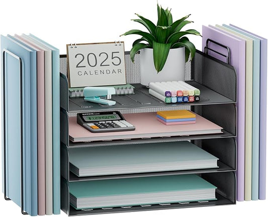 4 Tier Stackable Paper Tray Organizer for Desk, Office Desk Accessories, Paper Sorter Organizer for Letter/A4 Office File Folder Holder (Black, 19.2" x 9.7" x 10.2")