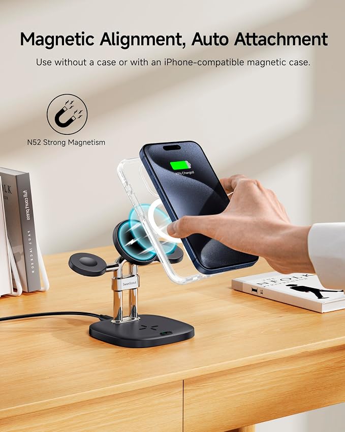 Dual Fast Charger for Apple Watch 11, Magnetic Wireless Charger Stand for iPhone Air/17 Pro Max/17 Pro/17/16/15/14, Charging Station for Apple Watch Ultra 3/SE 3/10/9/8/7/6, Airpods, SwanScout 709M