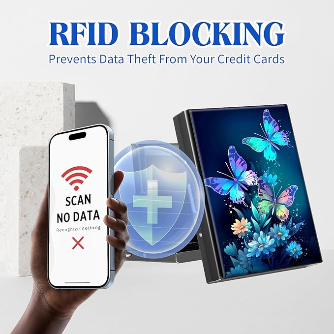 RFID Blocking Credit Card Holder - Slim Metal Wallet for Women & Men,Blue Butterflies Flowers Design Stainless Steel Business Card Case,Compact Pocket Organizer for Travel & Daily Use