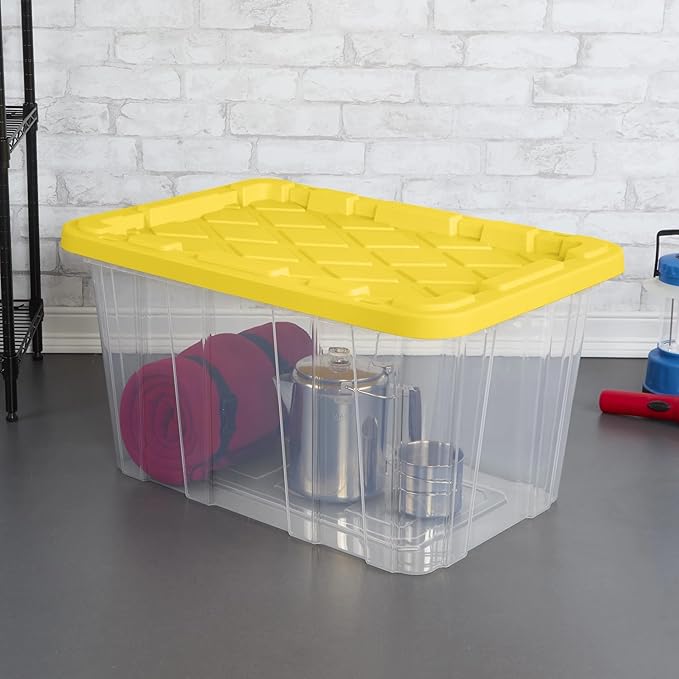 27 Gallon Plastic Storage Container with Snap-On Lid, Heavy-Duty Industrial Tote, Black and Yellow, 28.5x19.6x15.5 Inches, 6 Pack (4, Clear/Yellow)