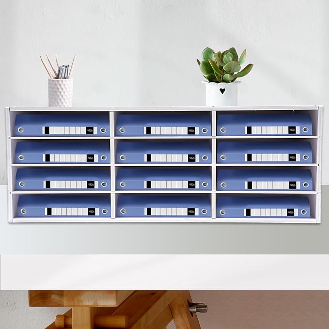 12-Slot Desktop Organizer, Minimalist Design Mailbox, File Sorter w/Top Platform for Hold Cables/Files/Keys, Desktop Bill Paper Organizer for Office & Home(White, 12 Slot, Style 2)