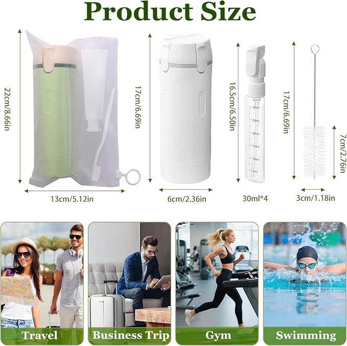 4 in 1 Travel Dispenser, 4 Pack 30ML Leak Proof Travel Size Bottles with Stickers, Brush & Storage Bag, Refillable TSA Approved Travel Toiletry Container Set for Shampoo, Lotion, Conditioner (White)