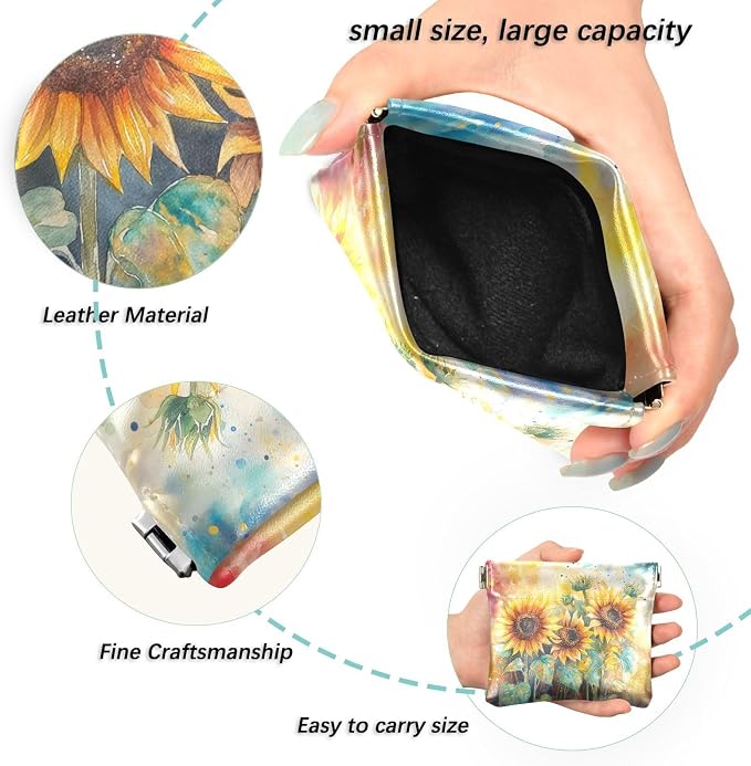 Sunflower Women's Waterproof PU Leather Coin Purse, Slim Travel Wallet with Zipper - Compact Card Holder & Jewelry Organizer for Cash, Keys, Lipstick