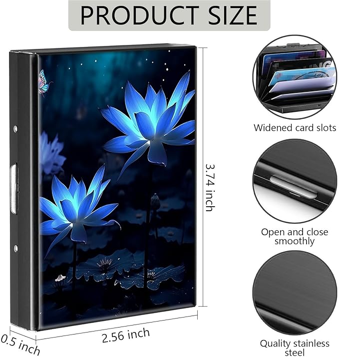 Credit Card Holder, Flower Lotus Design Mini RFID Blocking Aluminum Wallet Slim Metal Hard Case Shell Travel Wallet ID Case Small Credit Cards Case Business Cards for Women Men Girls