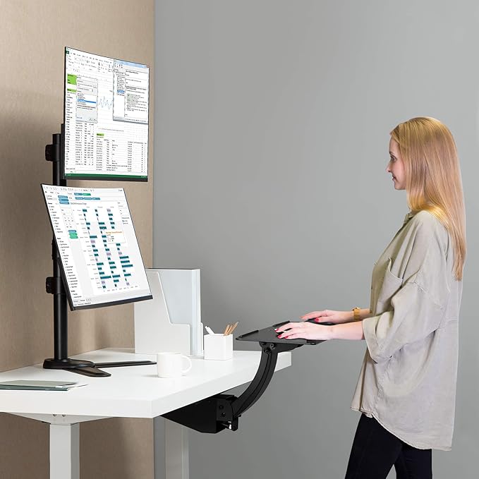 AVLT 38" Vertical Ultrawide Monitor Mount Stand Two Stacked 26.5 lbs Screens on Heavy-Duty Pole Save Workspace with Fine-Tune Height Tilt Swivel Rotate Adjustment Free Standing Sturdy Base
