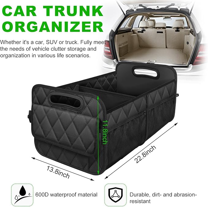 Car Trunk Organizer, Multi-Compartment Auto Trunk Storing Bag with Pockets, Collapsible Organizer and Storage for Sedans, SUVs, Trucks, Universal Interior Car Accessories (Black)