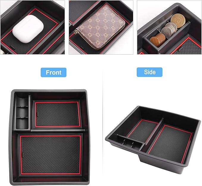 2024 2025 2026 Tacoma Center Console Organizer for Toyota Tacoma (All Trims), Durable ABS Plastic&Anti-slip Rubber Console Tray Glove Insert 2026 2025 Tacoma Accessories (with Red Mats)