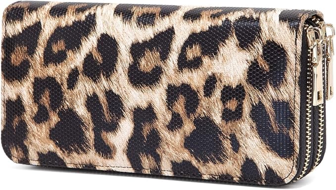 Leopard Travel Wallet for Women Cheetah Cow Print Double Zipper Pocket Ladies Purse Large Capacity