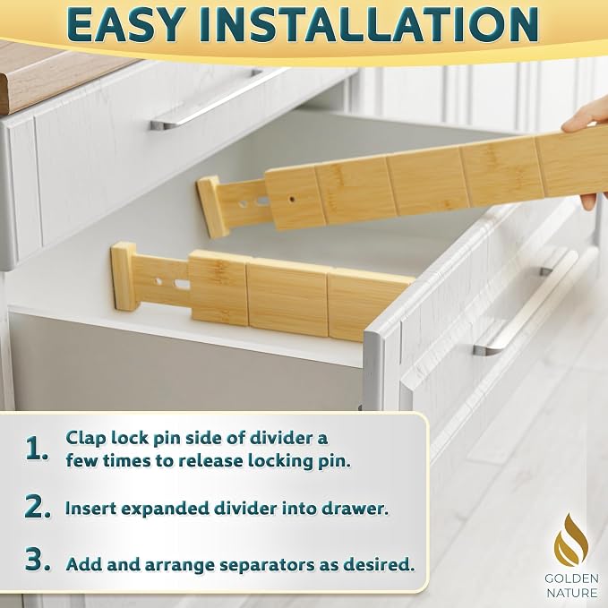 Bamboo Drawer Organizer - with Inserts & Labels, 17-22" - Adjustable Spring Loaded Kitchen Dividers for Utensils & Junk Storage - Expandable Silverware Separators for Organization