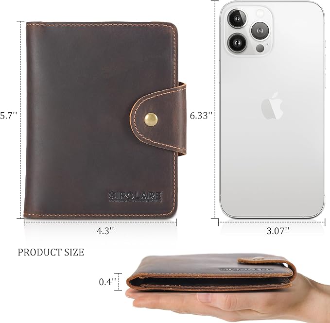 Polare Full Grain Leather Slim and Soft RFID Blocking wallet For Men Snap Bifold Travel Wallet Passport Holders 2 Passports (Dark Brown)
