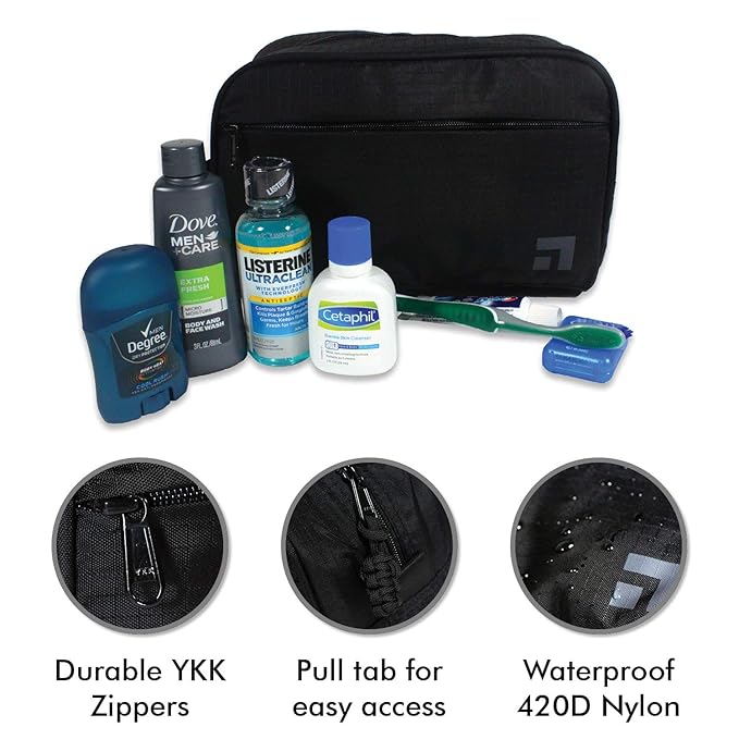 Waterproof Nylon Dopp Kit - Shaving Toiletry Bag Organizer (Black)