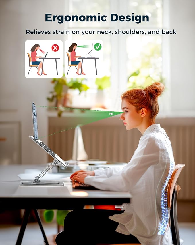 360° Rotating Laptop Stand for Desk | Adjustable, Foldable, Portable Aluminum Ergonomic Riser | Compatible with MacBook, Dell, HP & All Laptops 10-16 inch | Silver