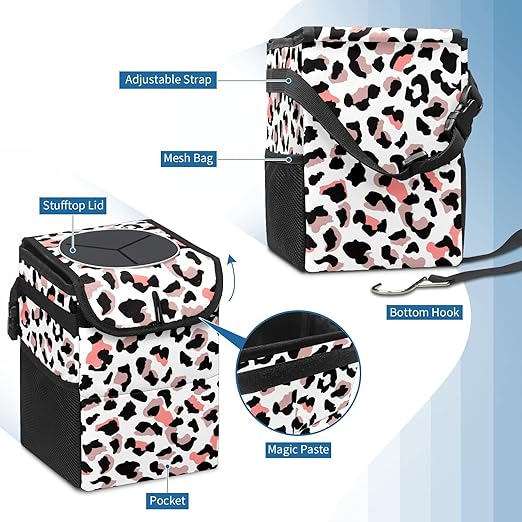 Car Trash Can Leopard Print White Pink Wate-rproof Auto Garbage Bag Car Trash Can with Lid Leak-Proof Car Storage Bag Hanging for Headrest Collapsible and Portable with Storage Mesh Pocket