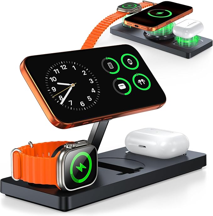 Foldable 3-in-1 Wireless Charging Station for Apple Magsafe Charger Stand, Travel-Friendly Fast Magnetic Wireless Charger Station for iPhone 17/16/15/14/13/12, Apple Watch & AirPods, Laptop Skins