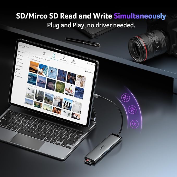 Acer 8 in 1 USB C Hub 10Gbps, USBC to HDMI Adapter 4K@60Hz, 2×USB-C 3.2, 2×USB A 3.0 Data Transfer, 100W PD Port Type C Multiport Splitter with SD/TF Card Reader, for MacBook Neo, Laptop, PC, Desktop