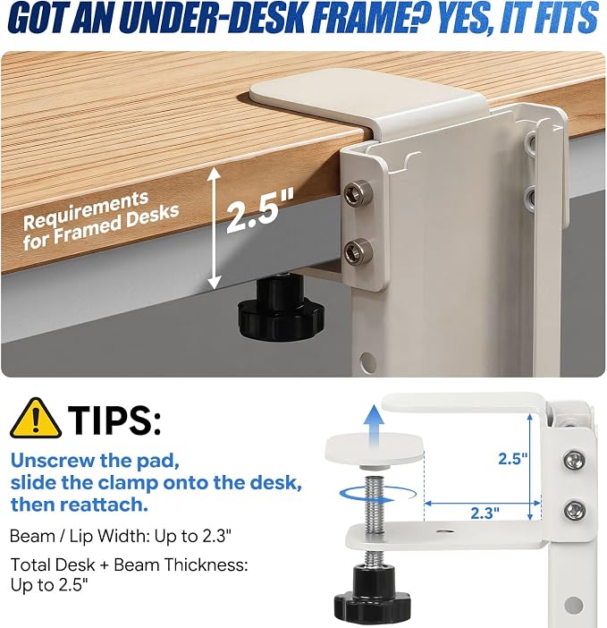 TooCust Adjustable Under Desk PC Mount, Heavy Duty No Drilling Clamp Mount on Desk Fits Most PC Tower 14.5”-22.4” (H) , Thickened & Ultra Strong CPU Holder for Standing Desk & Home Office, White