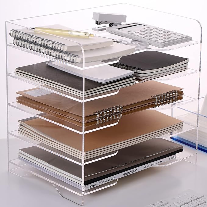 HeZone Acrylic Paper Letter Tray Organizer, 5 Tiers, Transparent, Modern, Rectangular, Stackable, Office