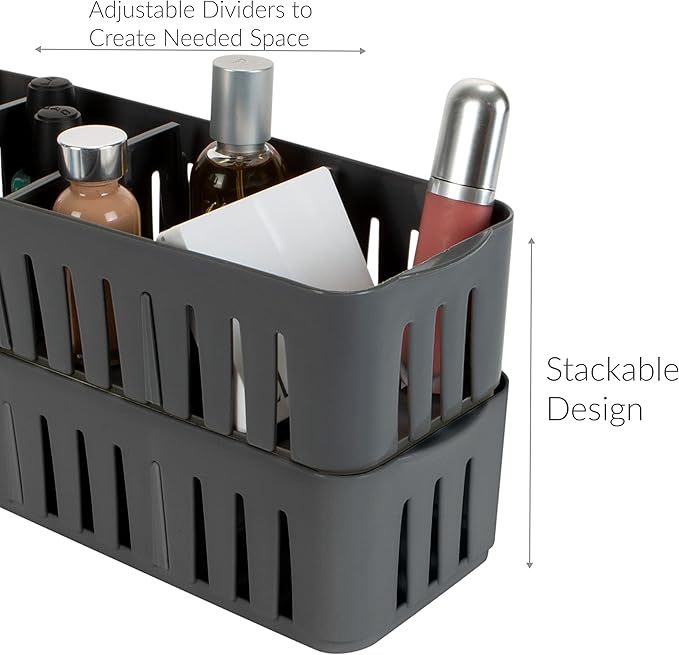 Simplify 2 Pack 4 Compartment Stackable Bin with Adjustable Dividers | Drawer Organizer | Storage Basket | Good for Office | Desk Supplies | Dorm |Bathroom | Accessories | Make Up | Grey