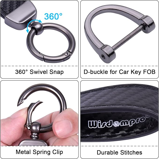 Wisdompro Carbon Fiber Style Car Keychain, Microfiber Leather Key Chain, Universal Key FOB Keychain Holder for Men and Women, with Anti-lost D-ring, 3 Keyrings - Black (with flat connector)