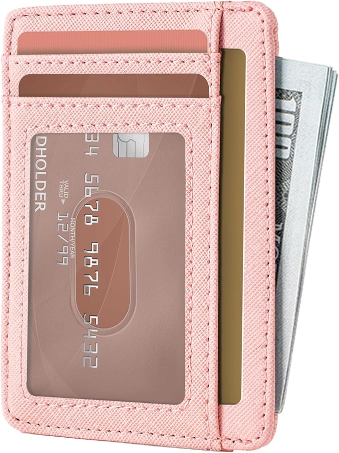 Hoewina Slim Wallet for Men, Credit Card Holder Wallet, Minimalist Design - RFID Blocking Front Pocket Leather Thin Wallet for Men and Women（Cross Peach Powder）