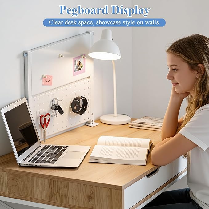 Jumyee Metal Clamp On Desk Shelf with 2-Tier Storage, 270° Flip Magnetic Clamp On Pegboard Organizer with 6 Hooks, Desktop Organizer White Desk Shelf for Home Office Gaming Accessories(White)