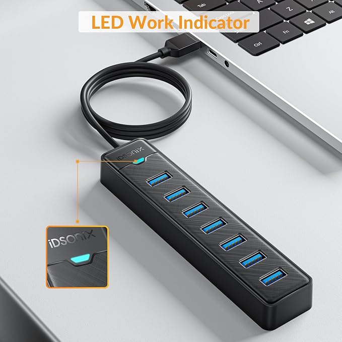 iDsonix 7 Ports USB Hub 3.0 [3.3Ft] USB Expander Hub 5Gbps USB Splitter Multiport Adapter, USB Hub Long Cable for Desktop, PC, Laptop, Flash Drive, Mobile HDD, Windows/XPS, 100cm