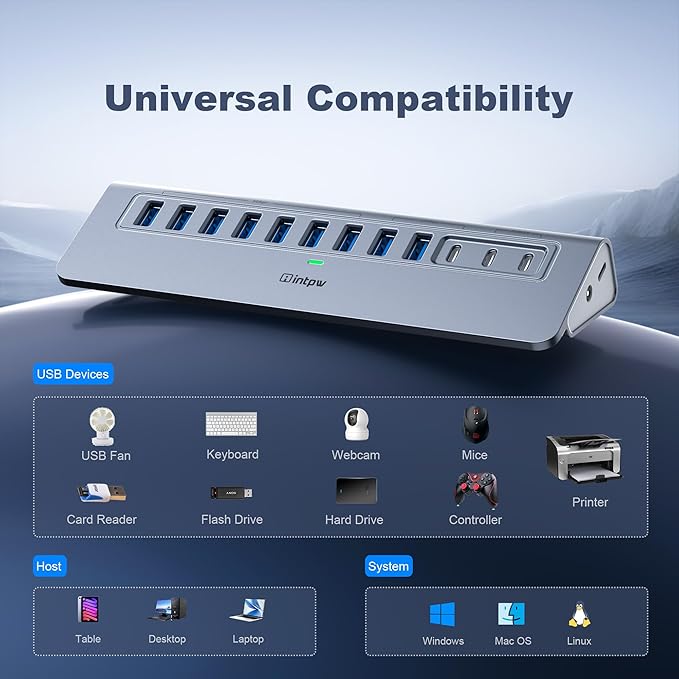 Powered USB Hub 10Gbps, intpw YH9AC 12-Port USB Splitter with USB A/USB C 3.2, 7 USB 3.0, 2 PD 45W Charging Ports, 65W Power Adapter + 3.3FT Cable, Aluminum USB Extender Hub for Laptop/PC/iPhone 16/15