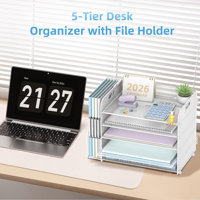 SUPEASY 5-Tier Desk Organizer with File Holder, Desk Organizers and Accessories, Paper Organizer for Desk, Mesh Desktop File Organizer, Workspace Organizers for Office School Home, White