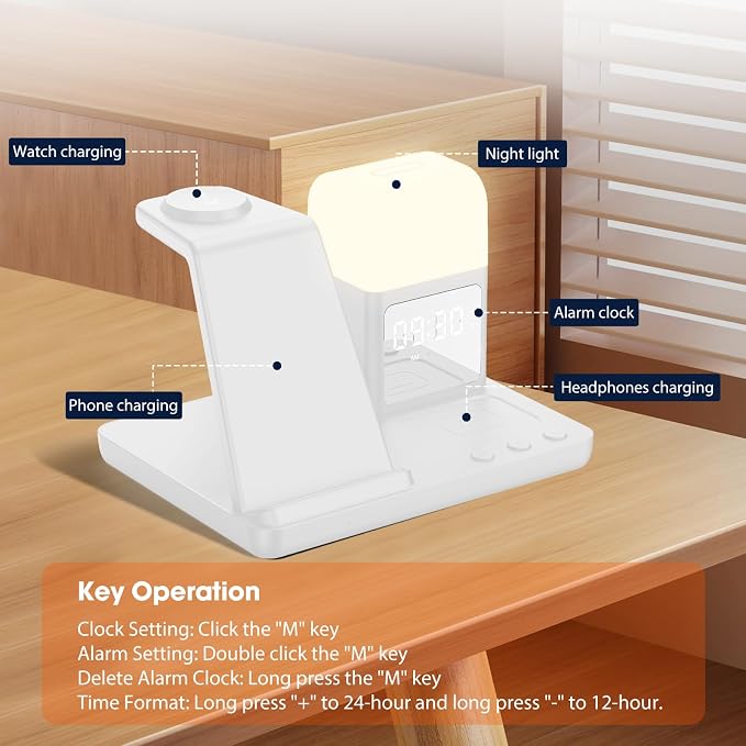 Wireless Charger for Samsung/Android, 6 in 1 Phone Nightstand Charging Station Charger with Alarm Clock/Night Light for Samsung S26/S25/S24 Ultra/Buds4,Watch Charger for Galaxy Watch 8/7/6/5