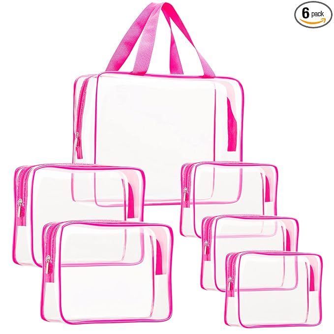 6Pcs Crystal Clear PVC Travel Toiletry Bag Kit for Women Men, Waterproof Vinyl Packing Organizer Storage Bags with Zipper Handle Straps, Cosmetic Pouch Carry on Airport Airline Compliant Bag Handbag