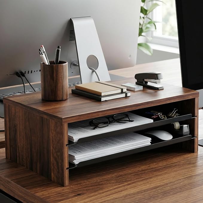 Fenge Monitor Stand, 3-Tier Monitor Riser with Slide-Out Tray, Wooden and Metal Desktop Organizer for Home Office, Computer, Laptop, Printer, Telephone