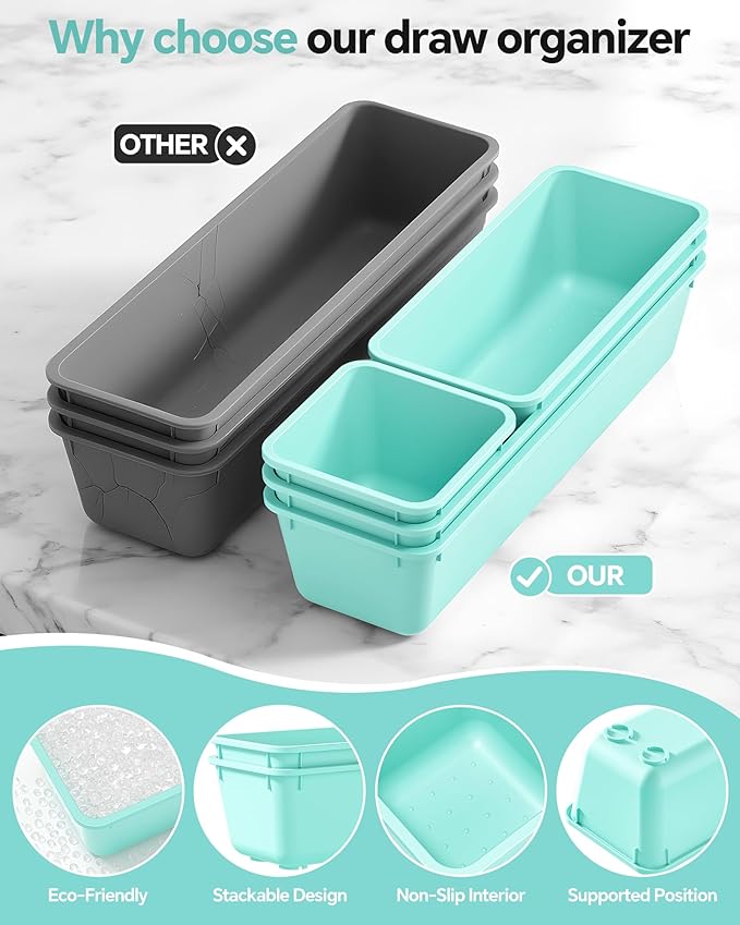 Canfanni 13 Pack Plastic Drawer Organizers Set, 3 Sizes Desk Drawer Organizer Trays for Vanity and Makeup Organizer, Organization and Storage for Makeup, Kitchen Utensils, Bathroom and Office(Blue)