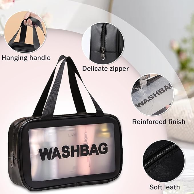 BIRDDIE Clear Travel Bags for Toiletries, 3 Pack Toiletry Bag, Matte Translucent Makeup Bag with Handy Handle, Travel Pouch, Cosmetic Organizer for Travel Essentials (Black)
