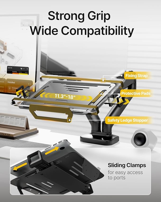 monTEK Laptop Arm Mount for Desk for Max 32” Screen and 18” Notebook, Dual Monitor Stand with Adjustable Laptop Holder, Holds up to 19.8 lbs, Full Motion Arm with Clamp/Grommet Base, 75/100 VESA Mount