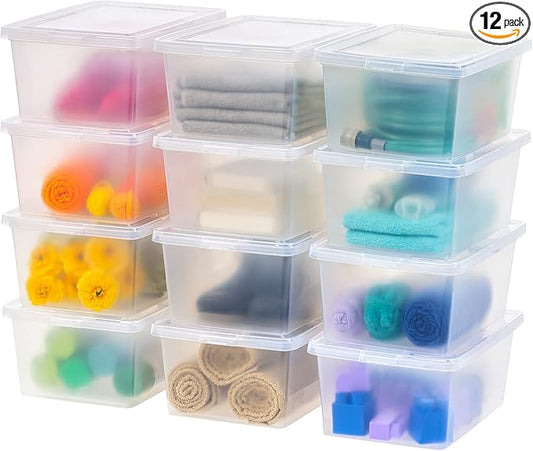IRIS USA 12-Pack Storage Bins with Lids, 17 Quart, Shoe Boxes Clear Stackable Containers Organize Shoes Closet Shelves, Classroom Organization Teacher Tools, Game Storage - BPA-Free Plastic