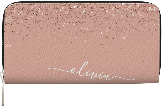 Blush Pink Rose Gold Glitter Wallet for Men Women Elegant Long Clutch Zip Around Travel Leather Coin Purse Large Capacity Credit Card Holder Handbag