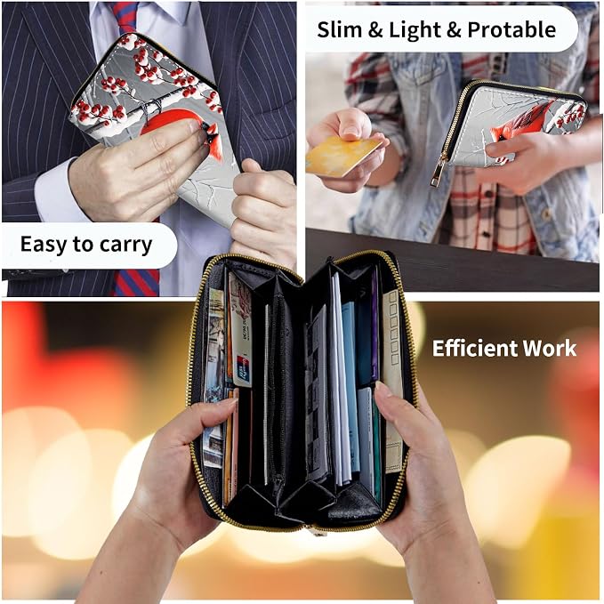 Wallet,Leather Long Wallet Suitable For Ladies And Teenagers - Detachable Wristband + RFID Travel Wallet With Card Slot - Cardinal in Snow
