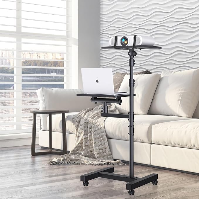 Projector Stand Tripod: 2 Shelves Mobile Laptop Cart Adjustable Height 45 to 64 Inches, Rolling Laptop Stand Cart with Ventilated Tray, Projector Tripod Stand on Wheels for Couch, Bedside, Meeting