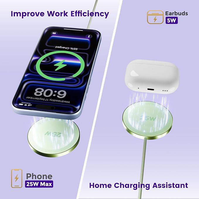 25W Magnetic Wireless Charger: Fast Charging Pad for iPhone 17 16 15 14 13 12 Pro Max, Samsung Galaxy S26 S25, Google Pixel 10, AirPods-Slim Portable for Travel Bedside Office-Light Green 2 Pack