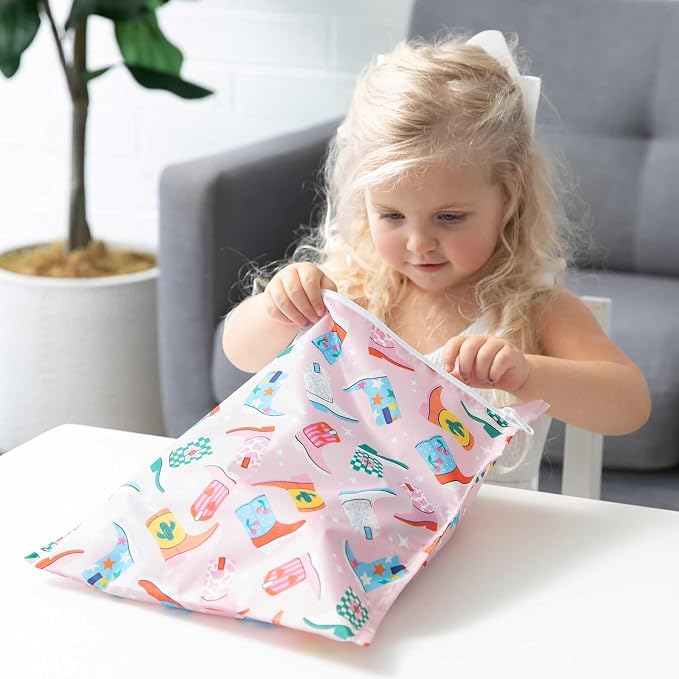 Bumkins - Waterproof Wet Bag & Clear Travel Bags - For Beach, Baby, Travel, Swim Suit, Cloth Diapers, Pump Parts, Pool, Gym, Toiletries - Reusable & Easy to Clean - Cowgirl Boots - 4 Pack