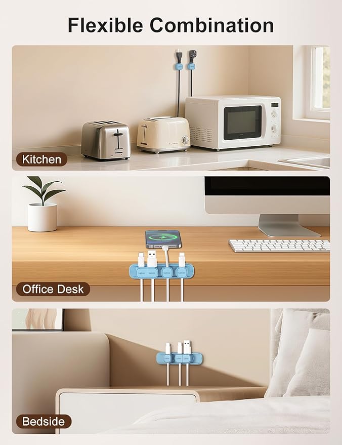 6 Pack Magnetic Cable Clips [1s Open/Lock], Laitver Cord Organizer Holder Strong Adhesive Desk Cable Management- Organize Charging Cords Neatly for Home, Office, Car,Desk, Nightstand-Peak Blue
