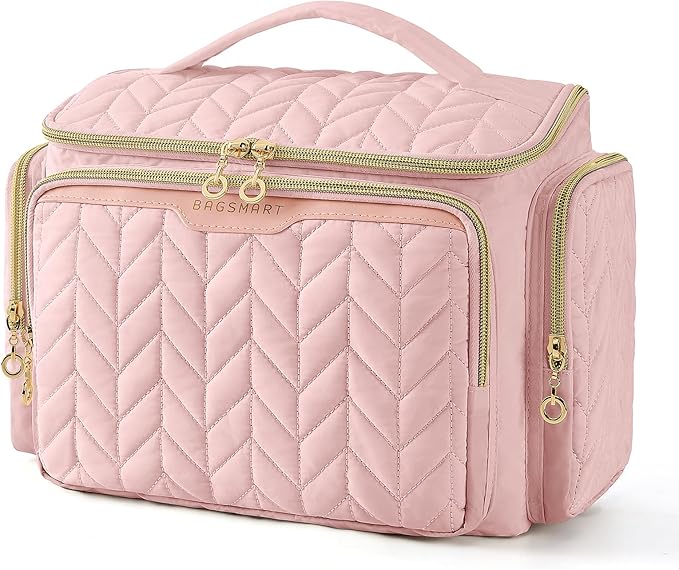 BAGSMART Travel Toiletry Bag, Large Wide-open Travel Bag for Toiletries, Makeup Cosmetic Travel Bag with Handle-Pink