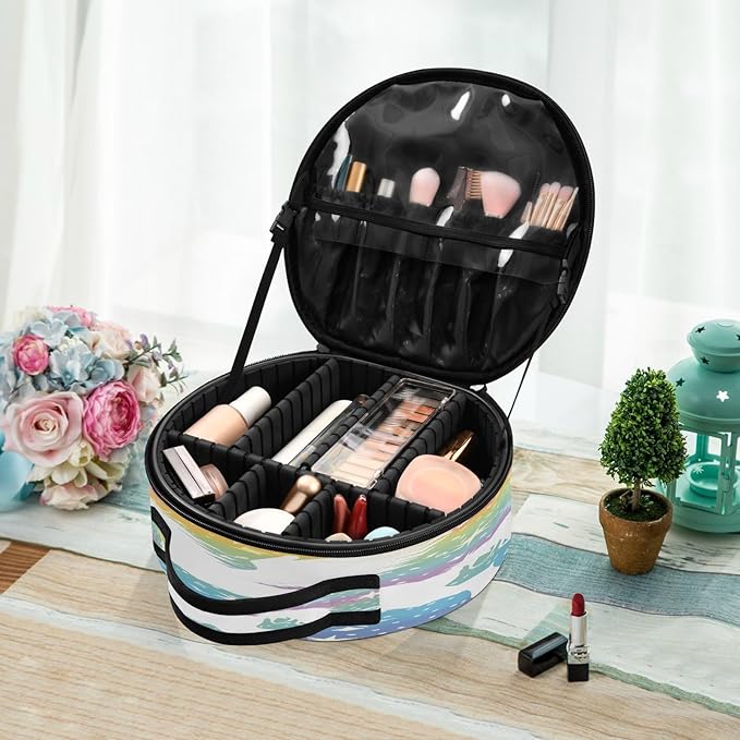 senya Round Cosmetic Pouch Travel Makeup Train Case Winged Unicorn Stars Makeup Organizer Bag with Adjustable Dividers Portable for Cosmetics Makeup Brushes Toiletry Jewelry Accessories
