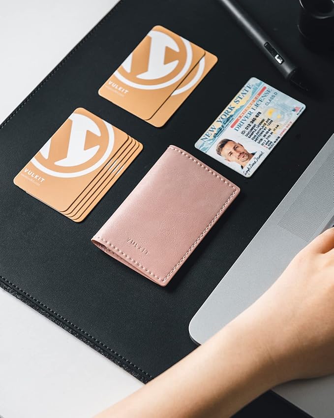 VULKIT Leather Business Card Holder 2 Sided Slim Business Name Card Organizer for Men or Women, Up to hold 20 cards (Vintage Rose)