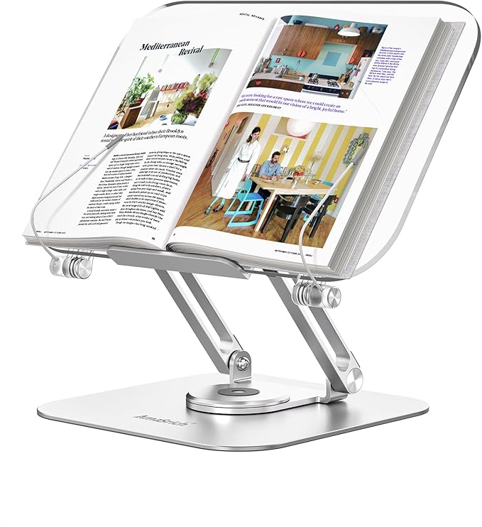 ACIsland Acrylic Book Stand for Reading-Adjustable Holder with 360° Rotating Base & Page Clips- Foldable Desktop Ricer for displaying Cookbook-Sheet Music-Laptop-Recipe-Textbook-Hands Free-Aluminium