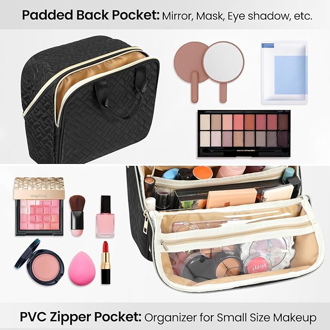 Makeup Bag, Large Capacity with Room for Brushes and Mirror, Travel Makeup Organizer, Portable Standing Make Up Case, Waterproof Cosmetic Toiletry Bags with Handle, Color Black