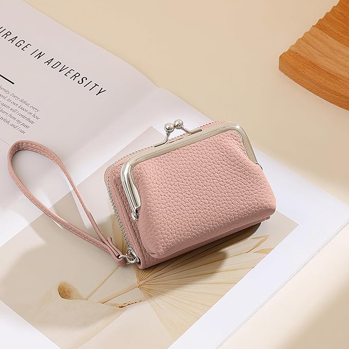 Women's Pebble Leather Wristlet Wallet, 2-in-1 Zip-Around Credit Card Holder with Kiss Lock Coin Purse, Cute Change Purse with Secure Clasp & Card Slots (Dusty Pink, Small)