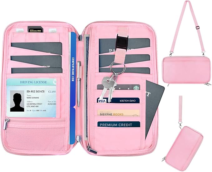 WALNEW RFID Family Passport Holder Wallet with Tracker/AirTag Holder, Travel Document Organizer Zipper Pouch with Wristlet and Cross Body Straps for Women Men