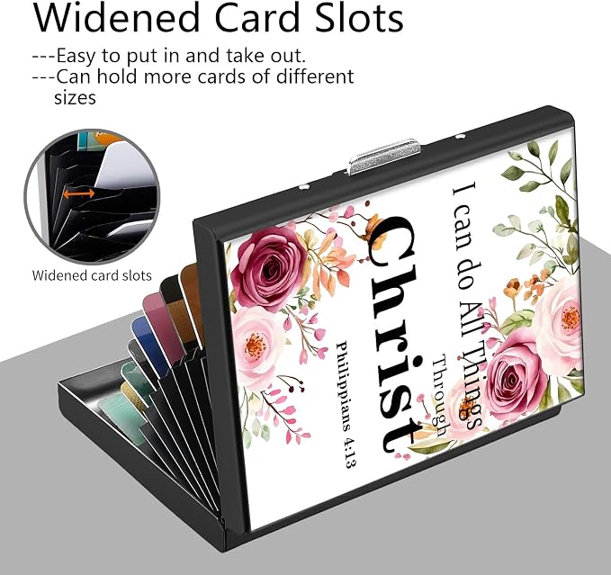Credit Card Holder Philippians 4-13 Design Mini RFID Blocking Aluminum Wallet Slim Metal Hard Cover Shell Travel Wallet ID Cases Small Credit Cards Case Business Cards for Women Men Girls